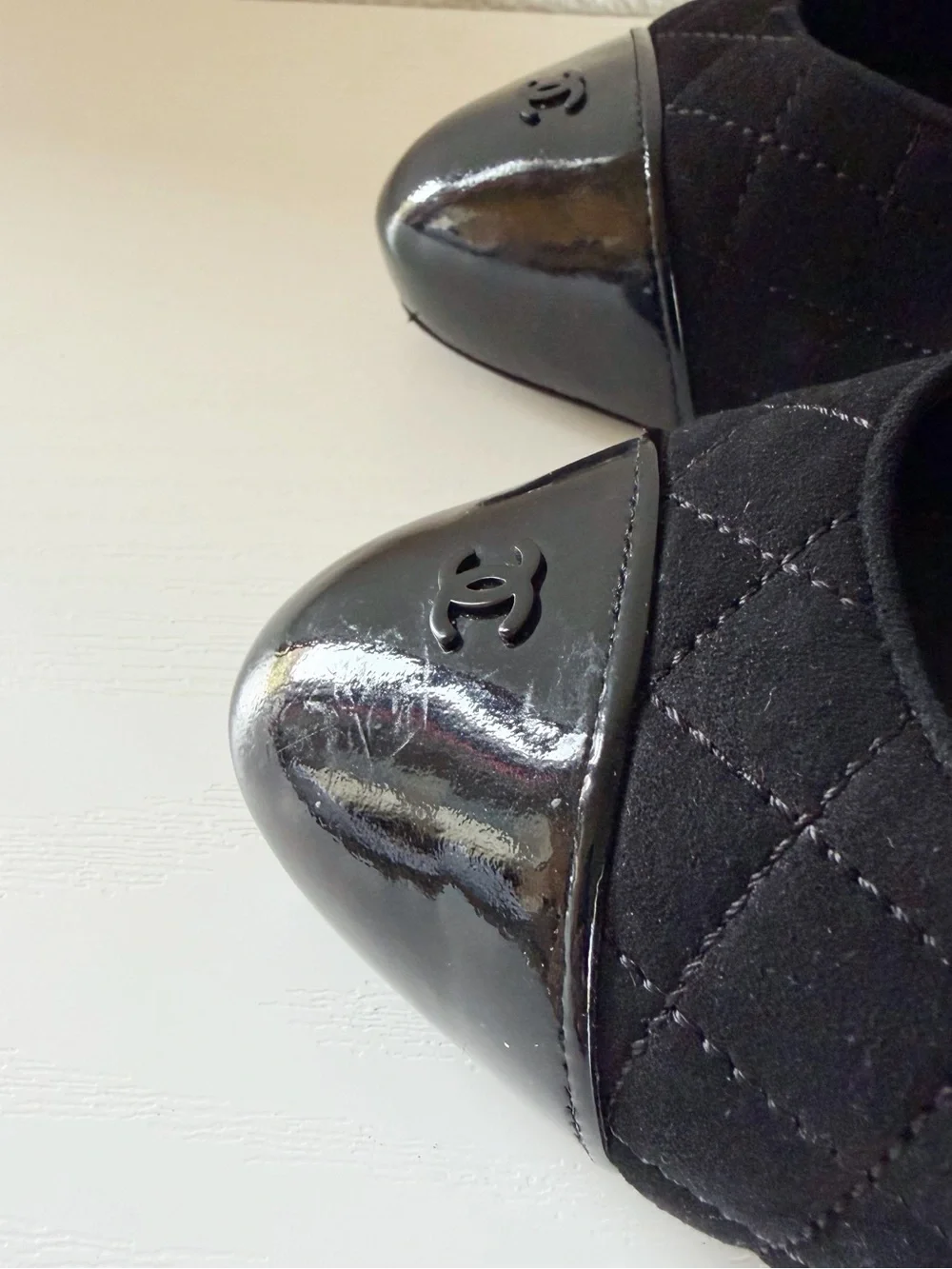 Chanel Black Quilted Suede Patent CC Cap Toe Platform Pumps EU 39